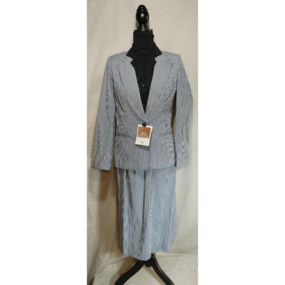 Vintage Jack Winter Womens White Gingham 3 Piece Blazer Top Skirt Suit Size 8